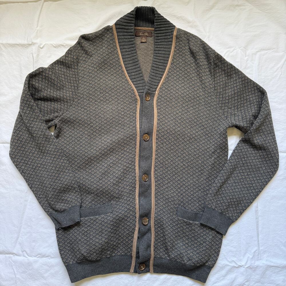 Tasso Elba Cotton Cardigan Sweater w/ Suede Trim Grey/Brown L EUC Poet Core